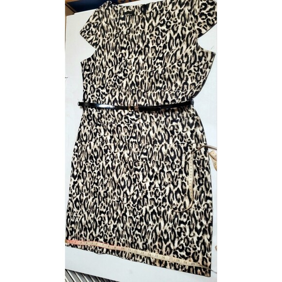 Alyx Women’s Dress Sz 14 Leopard Print Sheath Black Tan Zip Up Cap Sleeve Chic - Picture 6 of 9